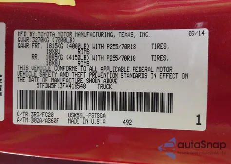 2015 Toyota Tundra Sr5 5.7L V8 from USA, damaged, VIN 5TFDW5F13FX418548